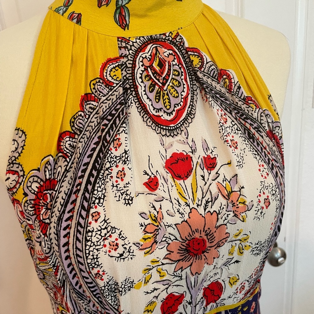 Maeve Anthropologie Blue and yellow Pleated Halter Sundress - Picture 2 of 6